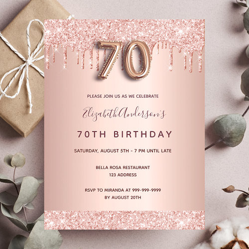 70th birthday rose gold glitter blush invitation