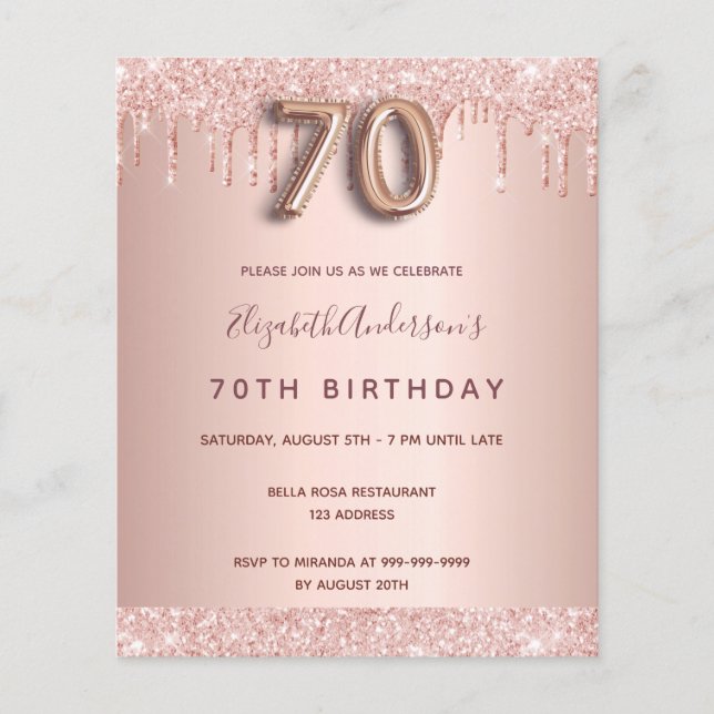 70th birthday rose gold glitter budget invitation flyer (Front)