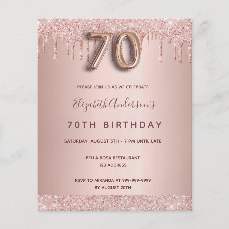 70th Birthday Rose Gold Glitter Budget Invitation Flyer 