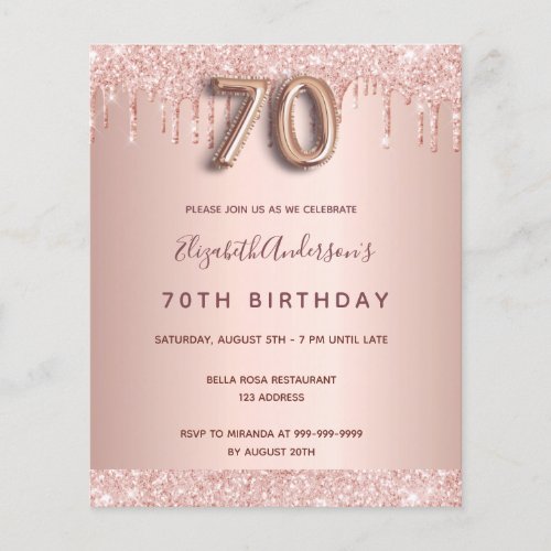 70th birthday rose gold glitter budget invitation flyer