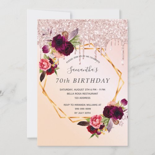 70th birthday rose gold glitter burgundy florals invitation