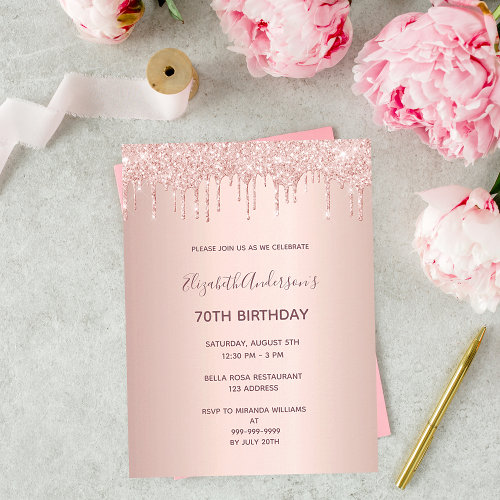 70th birthday rose gold glitter drip invitation