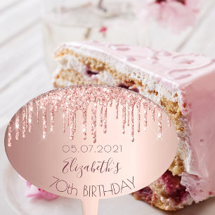 70th birthday rose gold glitter drips glam cake topper