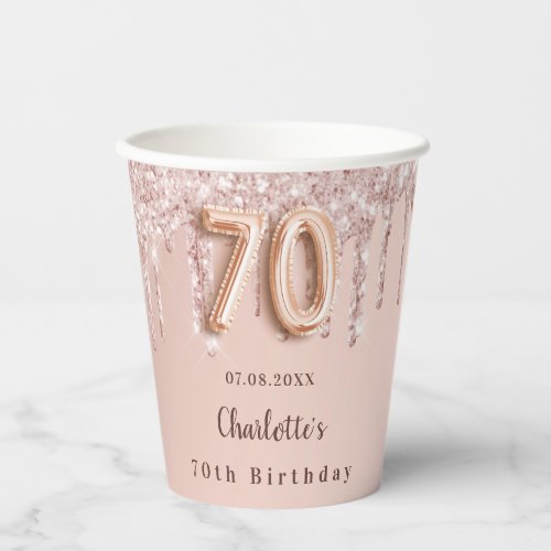 70th birthday rose gold glitter drips monogram paper cups