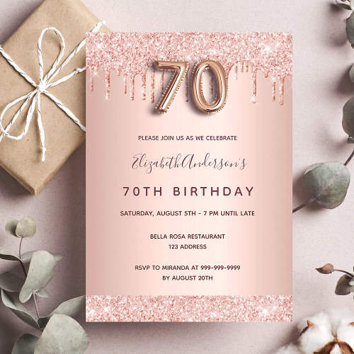 70th birthday rose gold glitter drips pink glam