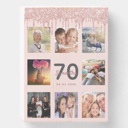 70th birthday rose gold glitter drips pink photo wooden box sign