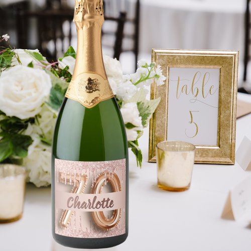 70th birthday rose gold glitter monogram luxury sparkling wine label
