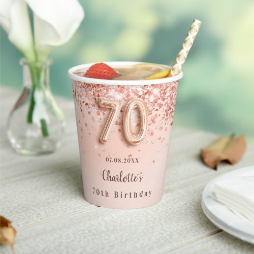 70th birthday rose gold glitter monogram name paper cups
