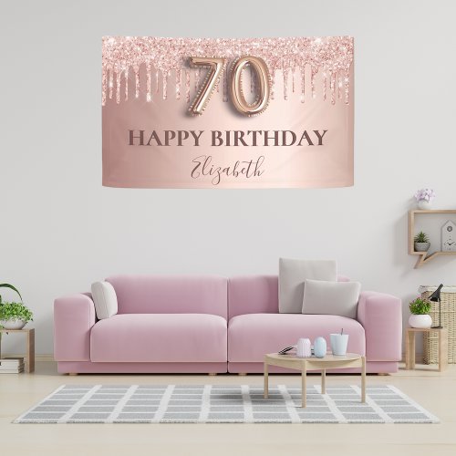 70th birthday rose gold glitter pink balloon style banner