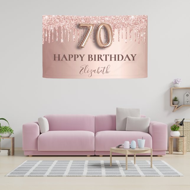 70th birthday rose gold glitter pink balloon style banner (Creator Uploaded)