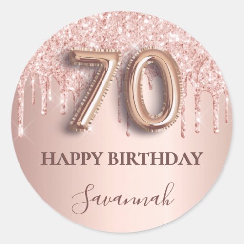 70th birthday rose gold glitter pink balloon style classic round sticker