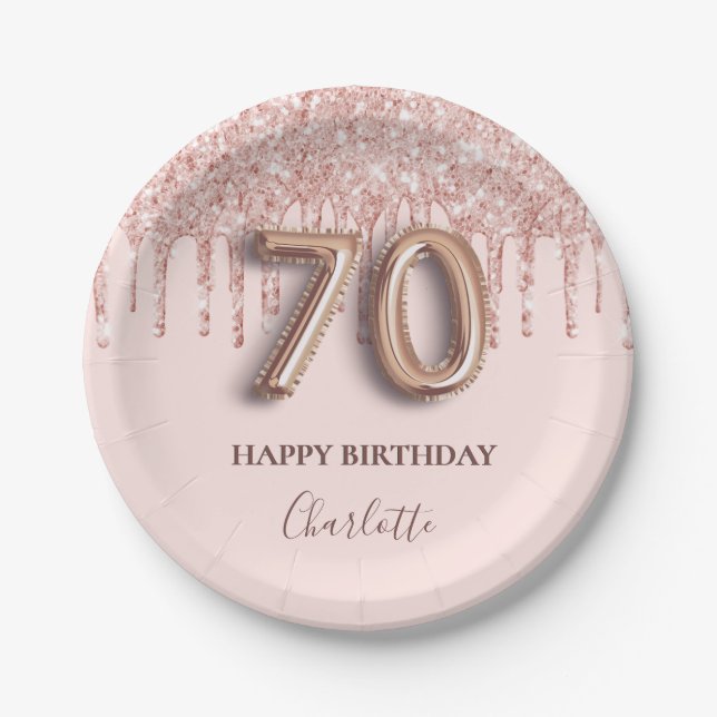 70th birthday rose gold glitter pink balloon style paper plates (Front)