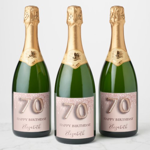 70th birthday rose gold glitter pink balloon style sparkling wine label