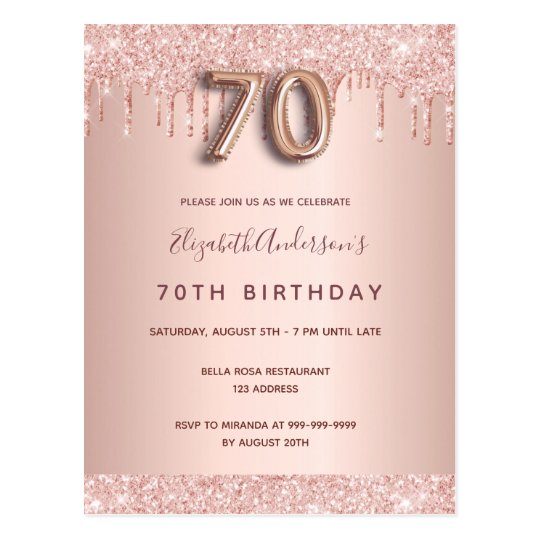 70th Birthday Rose Gold Glitter Pink Invitation Postcard 