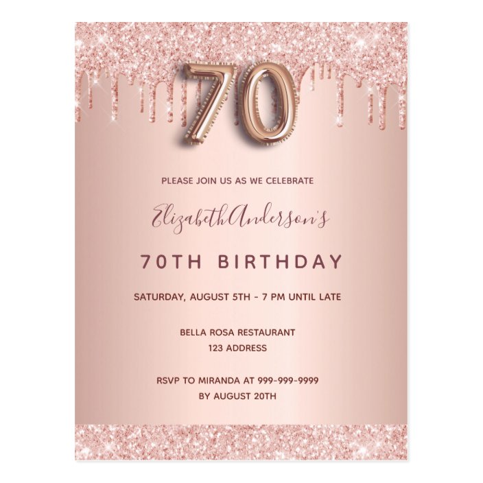 70th birthday rose gold glitter pink invitation postcard | Zazzle.com
