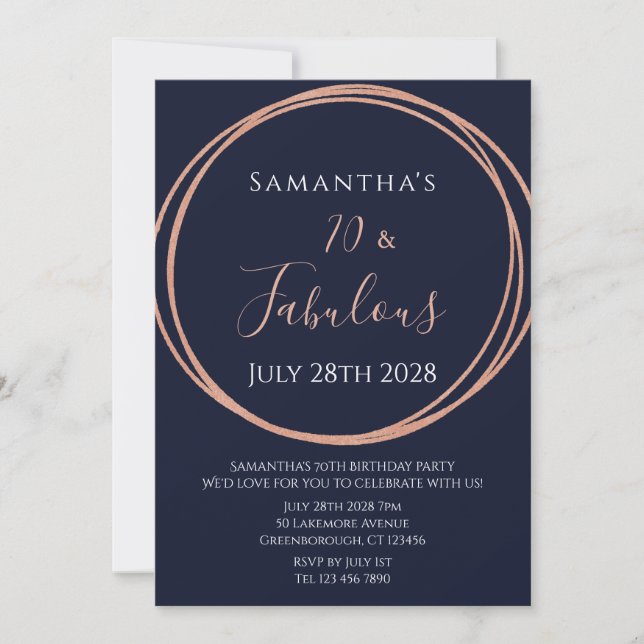 70th Birthday Rose Gold Navy Birthday Party Invitation (Front)