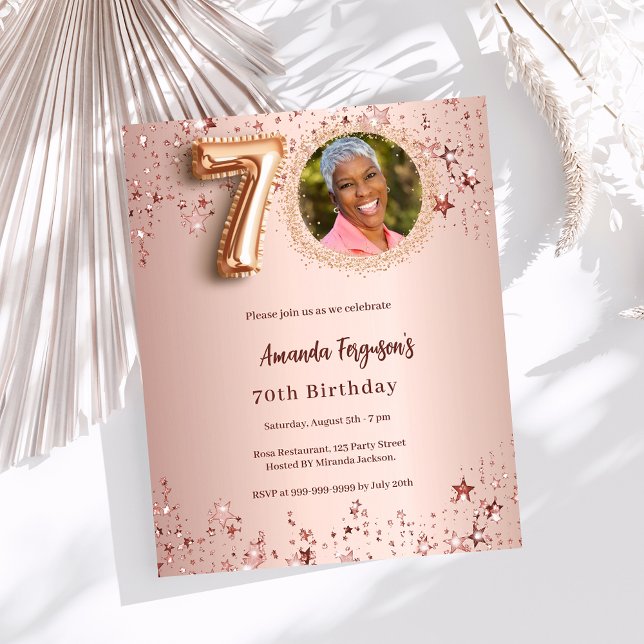 70th Birthday rose gold photo stars invitation (Creator Uploaded)
