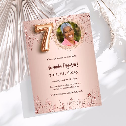 70th Birthday rose gold photo stars Invitation