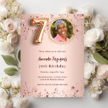 70th Birthday rose gold photo stars Invitation Postcard<br><div class="desc">A modern,  stylish photo invitation for a 70th birthday party.  A rose gold gradient background,  decorated with stars. Personalize and add your party details.</div>