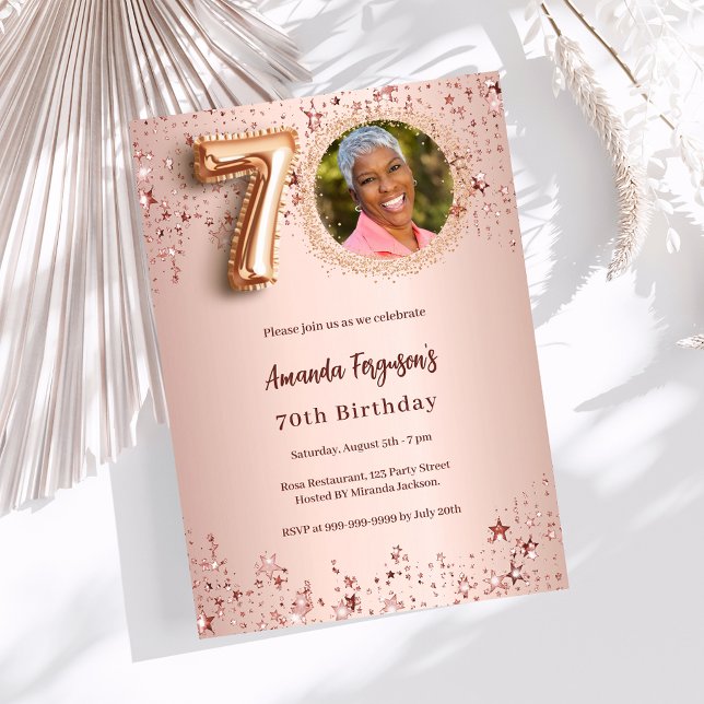 70th Birthday rose gold photo stars luxury Invitation (Creator Uploaded)