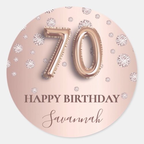 70th birthday rose gold pink diamonds balloon font classic round sticker