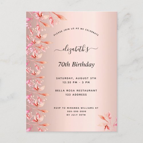 70th birthday rose gold pink floral invitation postcard