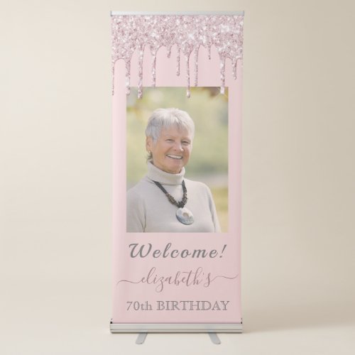 70th birthday rose gold pink glitter drips photo retractable banner