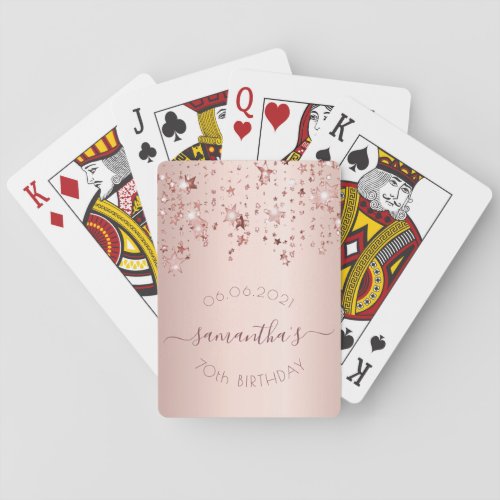 70th birthday rose gold pink glittery stars glam playing cards