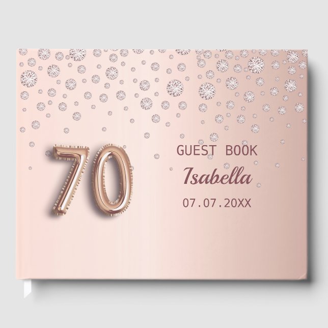 70th birthday rose gold pink monogram name elegant guest book (Front)
