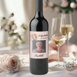 70th Birthday rose gold pink photo Wine Label
