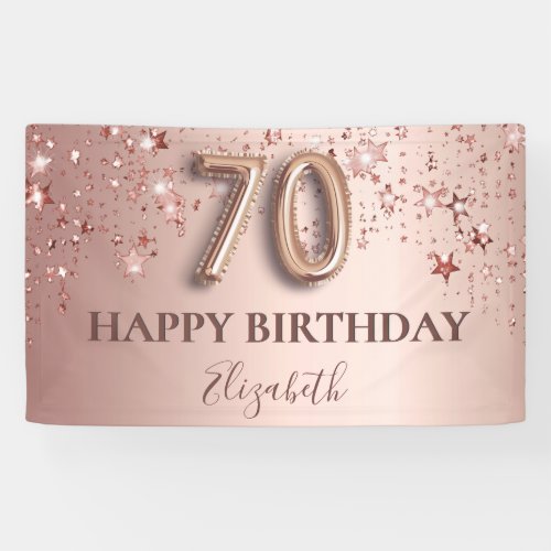 70th birthday rose gold pink stars balloon script banner