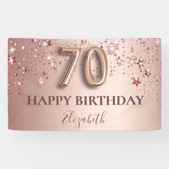 70th birthday rose gold pink stars balloon script banner (Horizontal)