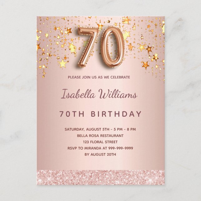70th birthday rose gold pink stars balloon script postcard (Front)