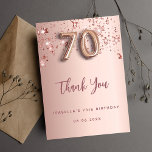 70th birthday rose gold pink stars thank you card<br><div class="desc">A thank you card for a 70th birthday. A rose gold gradient background color. With rose gold dripping shining stars. On front: number 70 written with a balloon style font, large dark rose gold colored hand lettered script and the text: Thank You, your text, title and a date. Back: Personalize...</div>