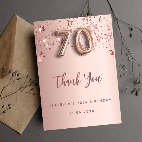 70th birthday rose gold pink stars thank you card