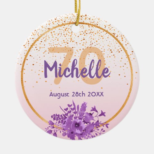 70th birthday rose gold purple florals name ceramic ornament