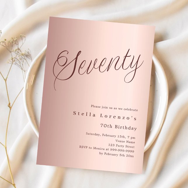 70th birthday rose gold script simple luxury invitation (Creator Uploaded)