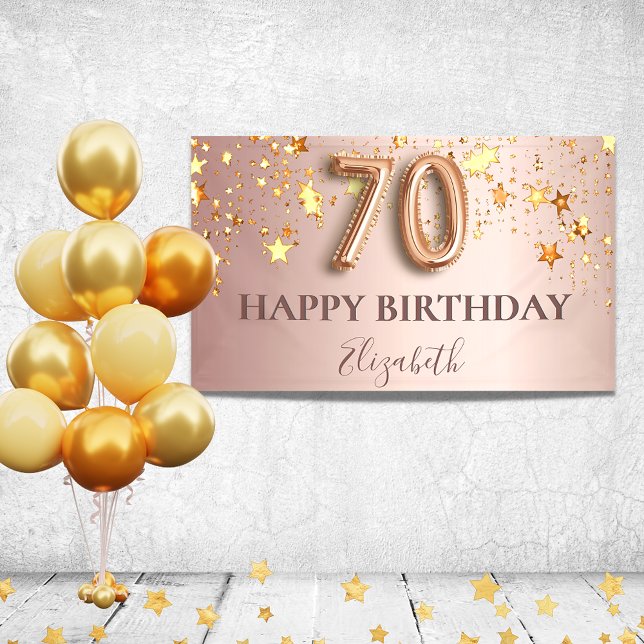 70th birthday rose gold stars blush script party banner (Creator Uploaded)