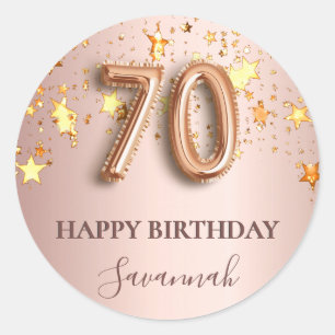 70th birthday rose gold stars pink balloon font classic round sticker