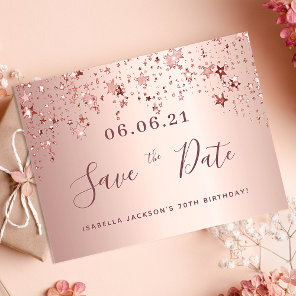 70th birthday rose gold stars save the date postcard
