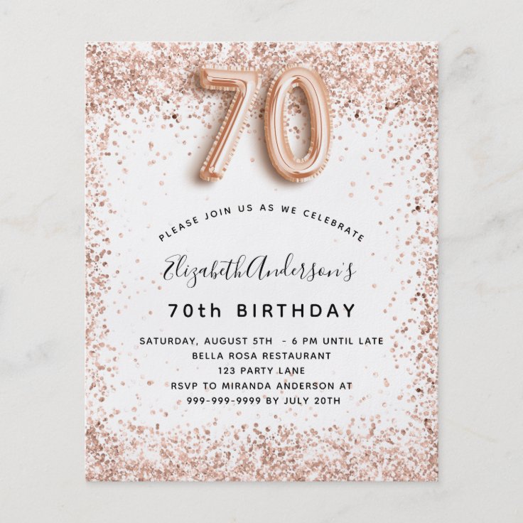 70th birthday rose gold white budget invitation flyer | Zazzle