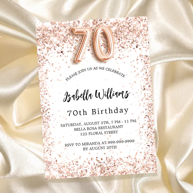 70th birthday rose gold white elegant invitation postcard | Zazzle