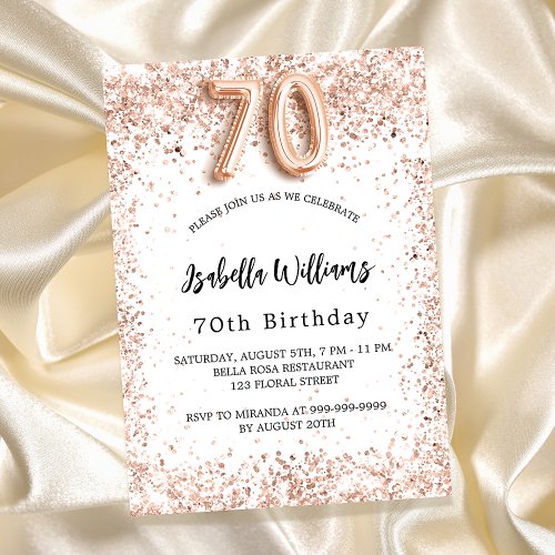 70th birthday rose gold white elegant invitation postcard