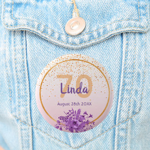 70th birthday rose gold with confetti and flowers button