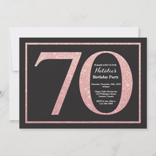 70th Birthday Rose Pink Gold Glitter Chalkboard Invitation
