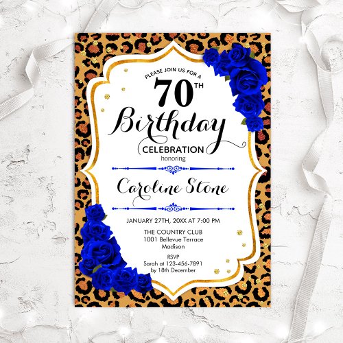 70th Birthday _ Royal Blue Roses Leopard Print Invitation