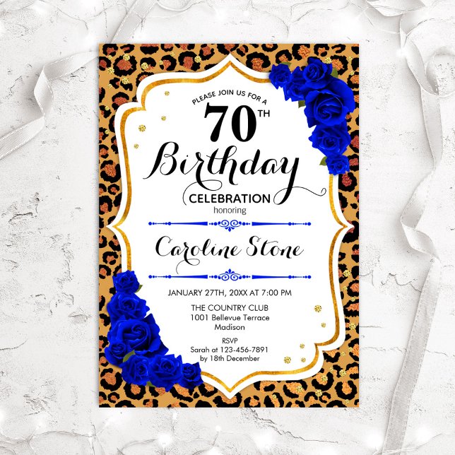 70th Birthday - Royal Blue Roses Leopard Print Invitation (Creator Uploaded)