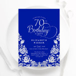70th Birthday Royal Blue Silver Roses Invitation<br><div class="desc">Royal blue silver elegant 70th birthday party invitation. Classy design featuring roses,  faux silver foil and typography script font. Trendy invite card perfect for a stylish female bday celebration. Personalize with your own details. Can be customized to any age. Printed Zazzle invitations or instant download digital printable template.</div>