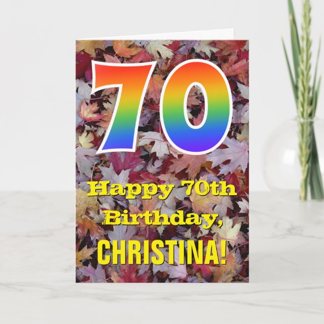 70th Birthday; Rustic Autumn Leaves; Rainbow "70" Card (Front)