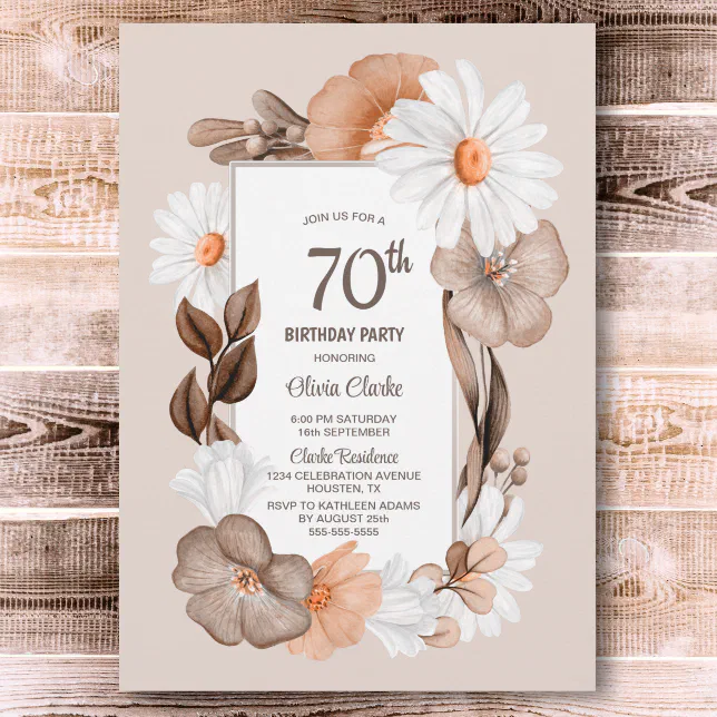 70th Birthday Rustic Boho Floral Party Invitation | Zazzle